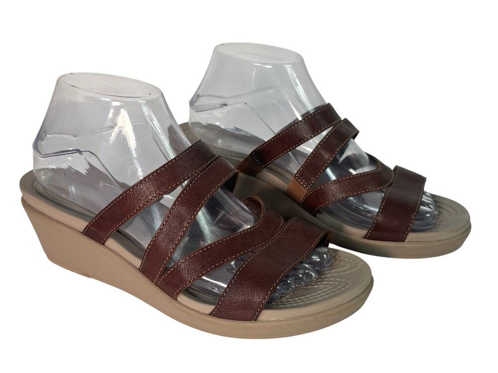 Crocs Leigh Ann Size 8 Wedge Sandals Brown Strappy Leather Slip On Dual Comfort